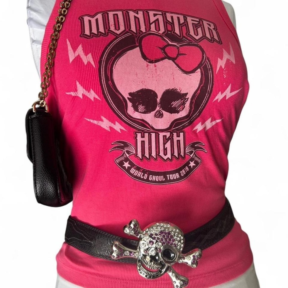 Monster High Skull Bow Graphic Baby Tank Top Pink Mall Goth Y2K Scene Small - Picture 2 of 6